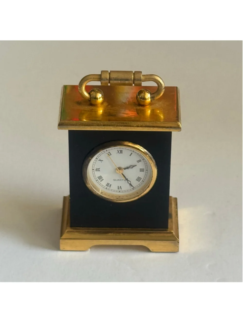 Vintage MCM Hong Kong Brass & Black Quartz Desk Clock Marble Accent